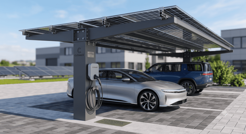 Individueel ontworpen en geproduceerde PV-carportconstructies voor specifieke klanteisen en afwijkende terreinafmetingen.